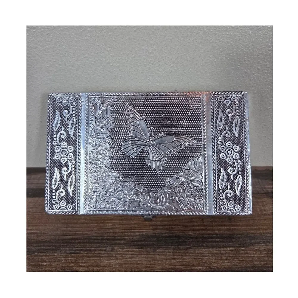 Silver Plated Butterfly Floral Design Jewelry Box with Purple Velvet Lining